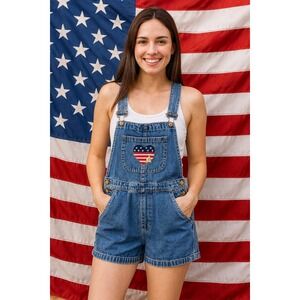 Christopher & Banks Bib Overall Shorts‎ Size S Patriotic Flag Denim Pockets